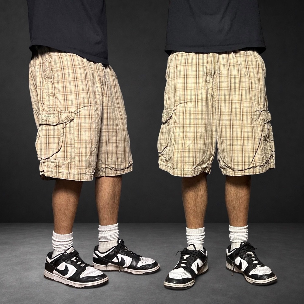 Wrangler Authentics Plaid Cargo Shorts Tan Brown Baggy Skater Y2K Size 40